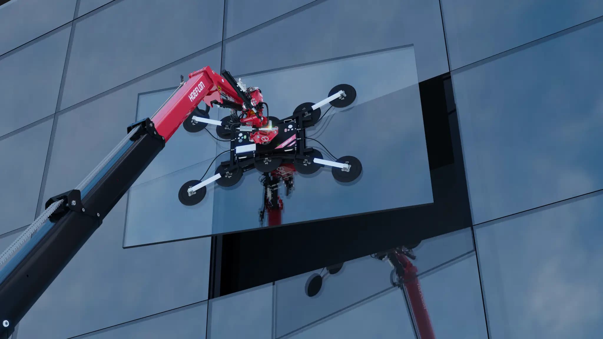 Grue Hoeflon avec ventouse à verre plaçant du verre sur un bâtiment.