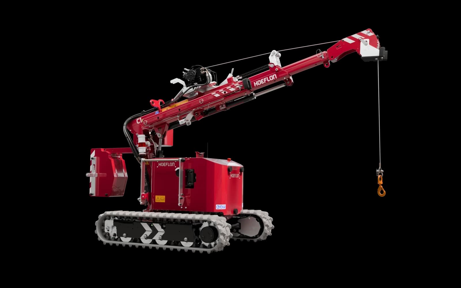 Image de la grue Hoeflon C1e équipée d’un treuil.