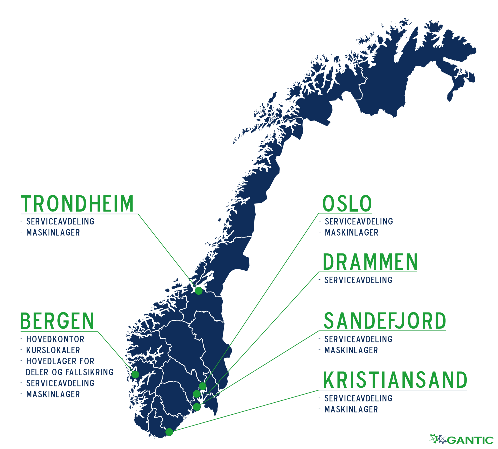 Carte de la Norvège avec les points de service et stockage de Gantic.