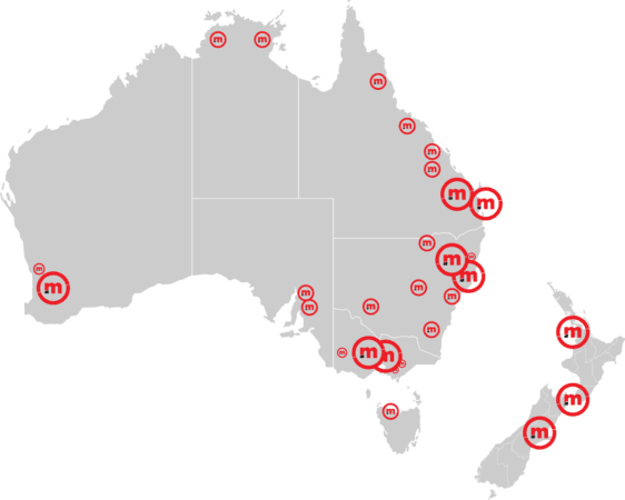 Carte de l'Australie et de la Nouvelle-Zélande avec des emplacements marqués.