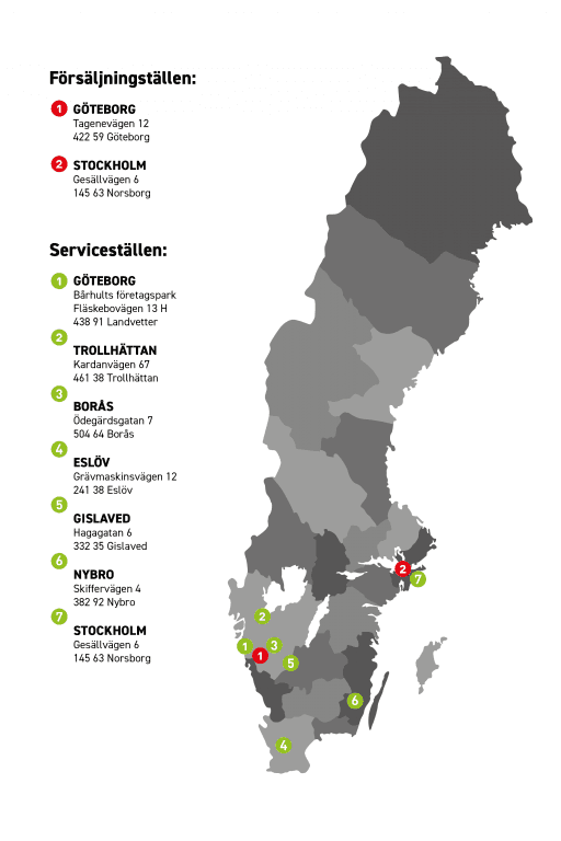 Carte de la Suède avec les points de vente et de service de Hoeflon.