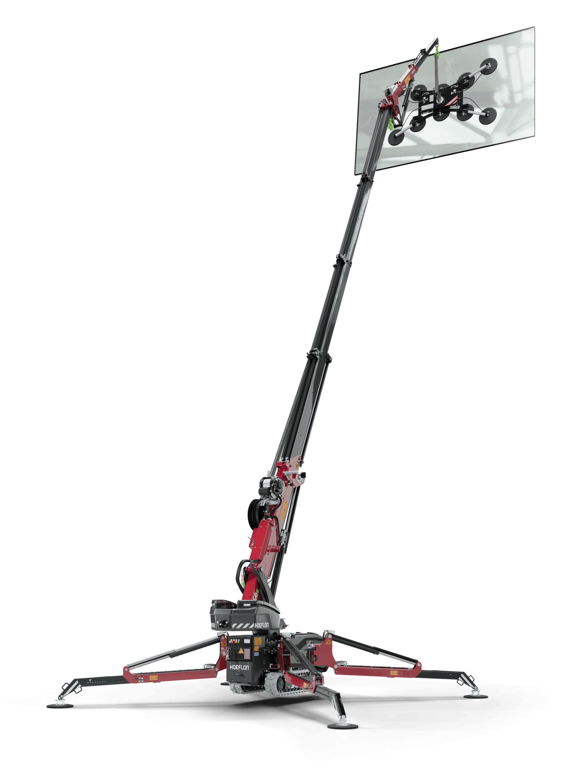 Grue C6e avec ventouse pour verre soulevant une vitre, en position de travail